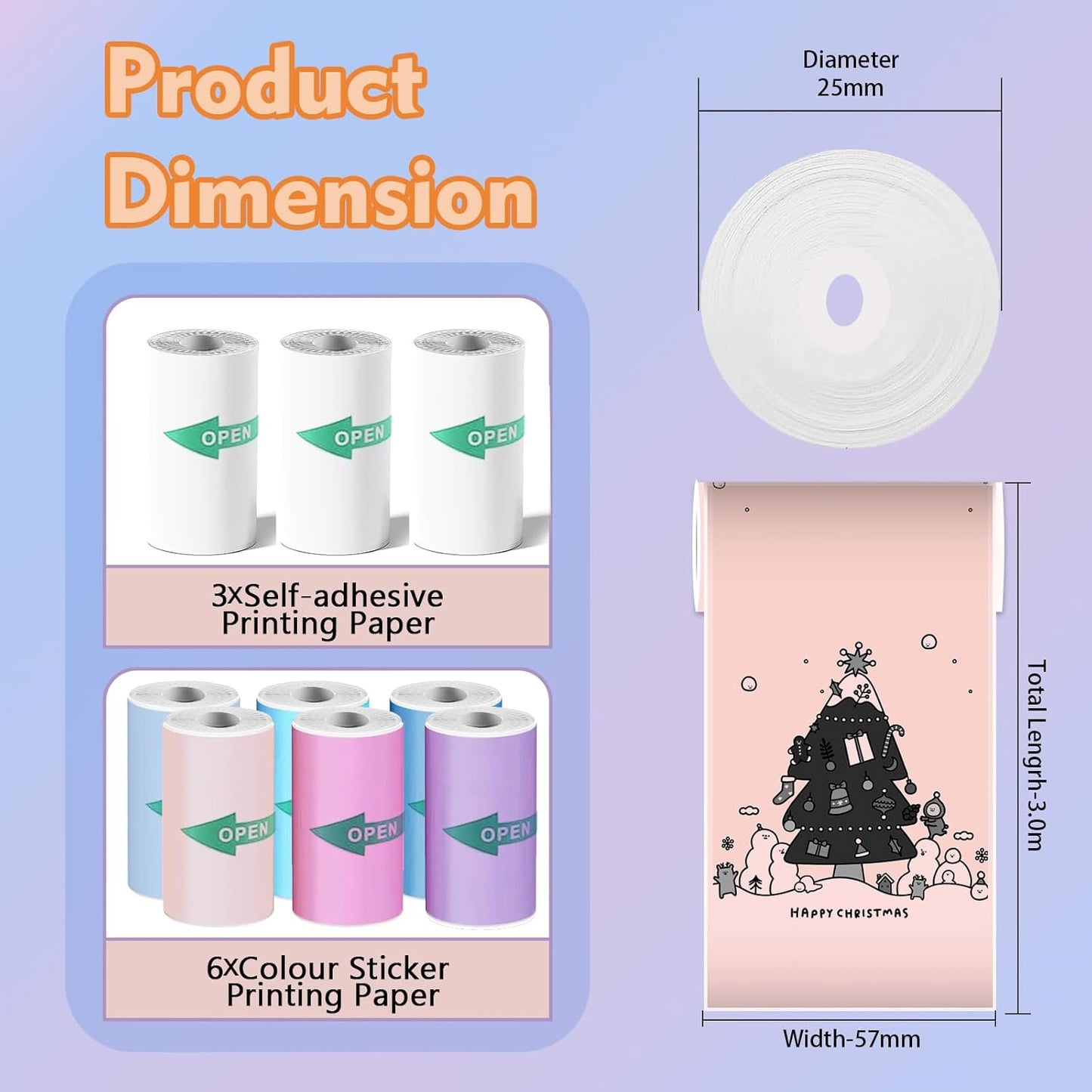9 Rolls Mini Thermal Sticker Paper for Mini Inkless Printer (3 Rolls of White & 6 Rolls of Multicolored), Self-Adhesive Printer Paper 57 x 25 mm, For Mini Printer Sticker Maker, DIY Scrapbook