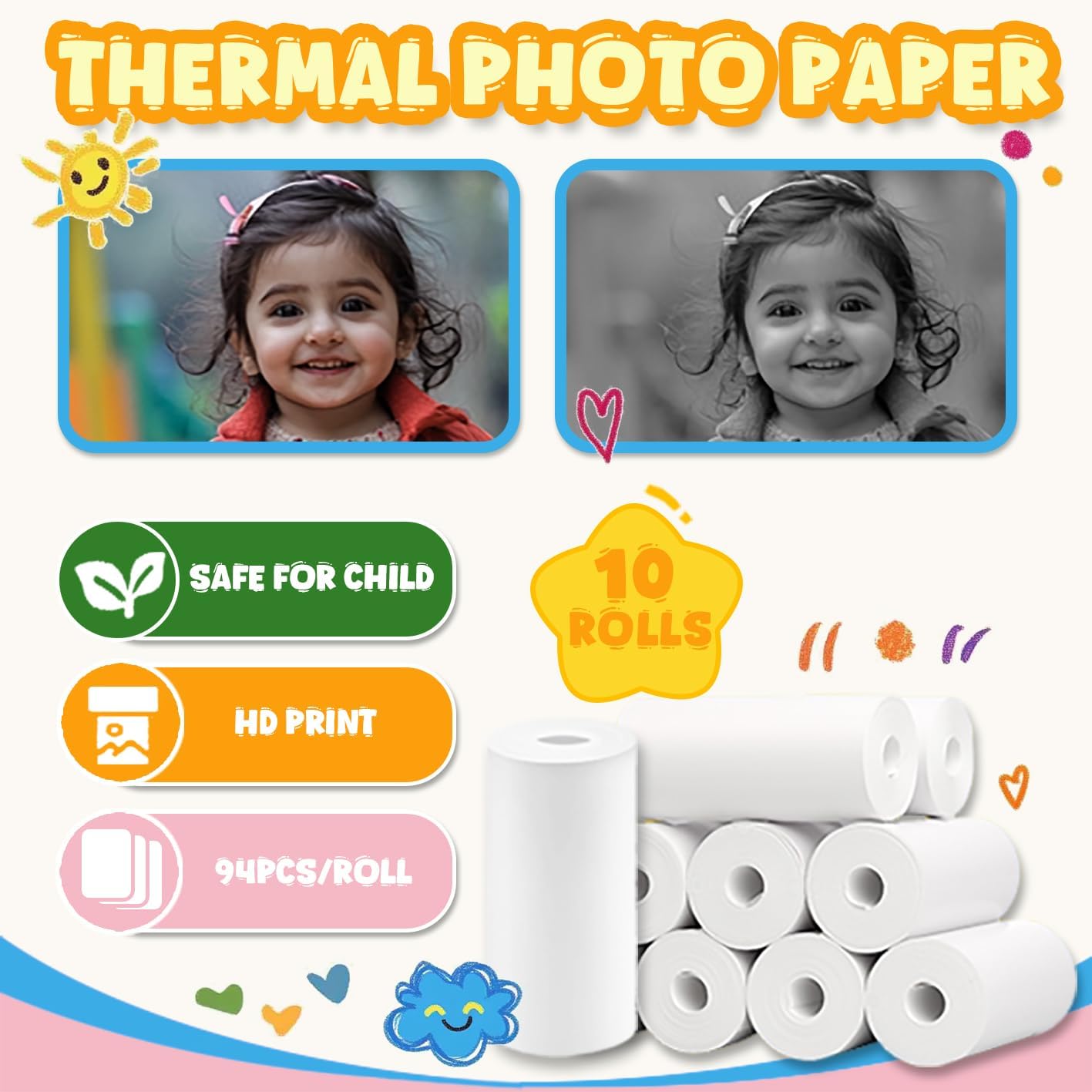 1880Pcs Printer Paper Mini Camera Mini Printer Thermal Paper Kids Camera Instant Print,20Rolls Sets(94Sheets/Roll) Photo Paper, Graffiti Doodle DIY Toys Stationery Drawing Paper Gift for Children