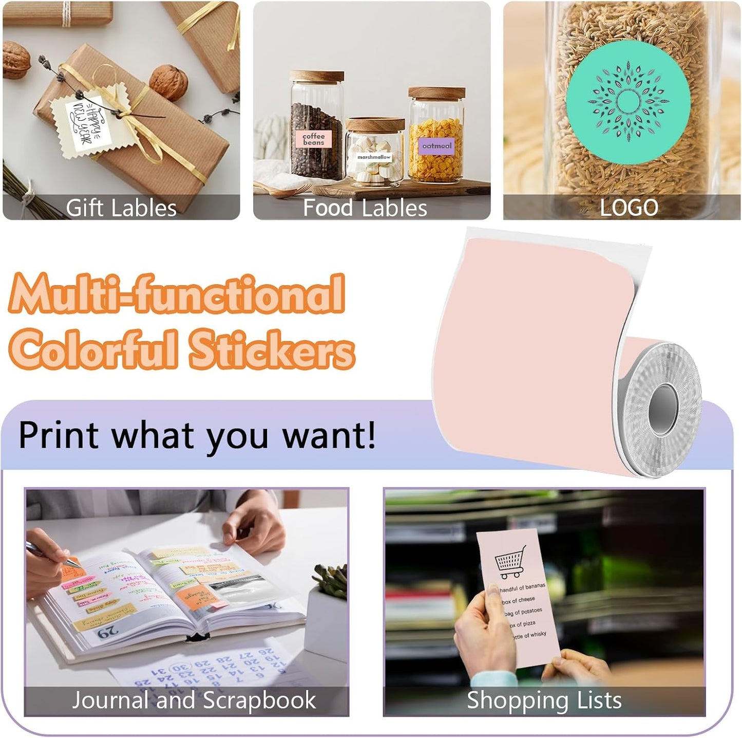 9 Rolls Mini Thermal Sticker Paper for Mini Inkless Printer (3 Rolls of White & 6 Rolls of Multicolored), Self-Adhesive Printer Paper 57 x 25 mm, For Mini Printer Sticker Maker, DIY Scrapbook