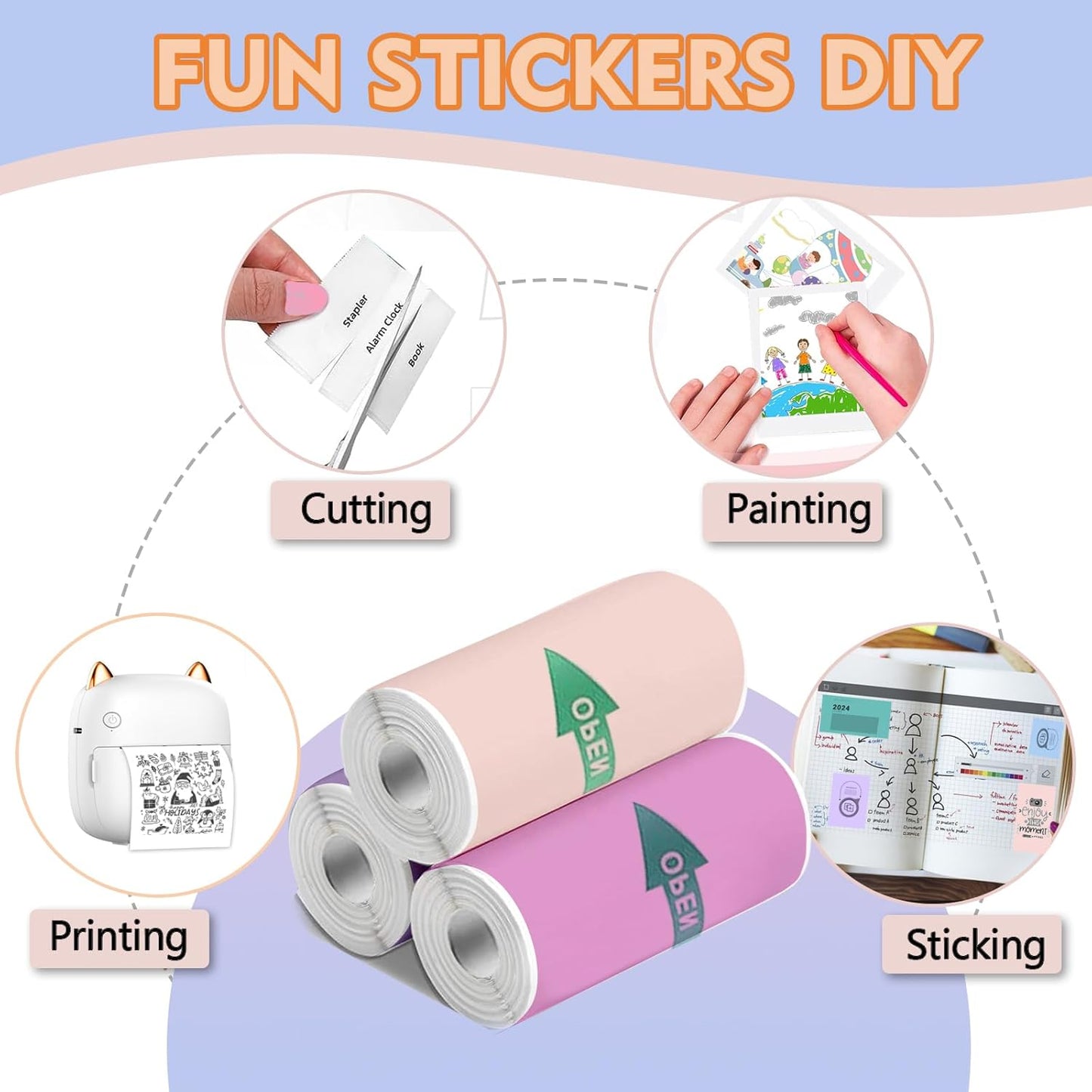 9 Rolls Mini Thermal Sticker Paper for Mini Inkless Printer (3 Rolls of White & 6 Rolls of Multicolored), Self-Adhesive Printer Paper 57 x 25 mm, For Mini Printer Sticker Maker, DIY Scrapbook