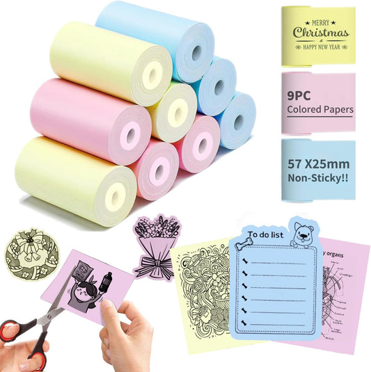 9 Rolls Colored Mini Thermal Non-sticker Paper for Mini Pocket Printers | 57x25mm Non-adhesive Colored Thermal Printer Paper, BPA/BPS Free, Mini Printer Paper for Notes, Crafts & DIY Scrapbook