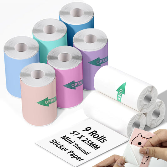 9 Rolls Mini Thermal Sticker Paper for Mini Inkless Printer, BPA/BPS Free | 3 Rolls White & 6 Rolls Multicolored, 57x25mm Self-adhesive Thermal Sticker Paper for Lists, DIY Scrapbook & Sticker Maker