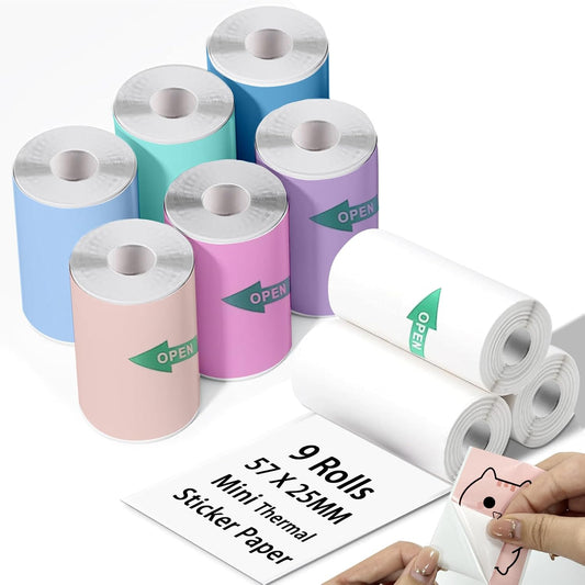 9 Rolls Mini Thermal Sticker Paper for Mini Inkless Printer (3 Rolls of White & 6 Rolls of Multicolored), Self-Adhesive Printer Paper 57 x 25 mm, For Mini Printer Sticker Maker, DIY Scrapbook