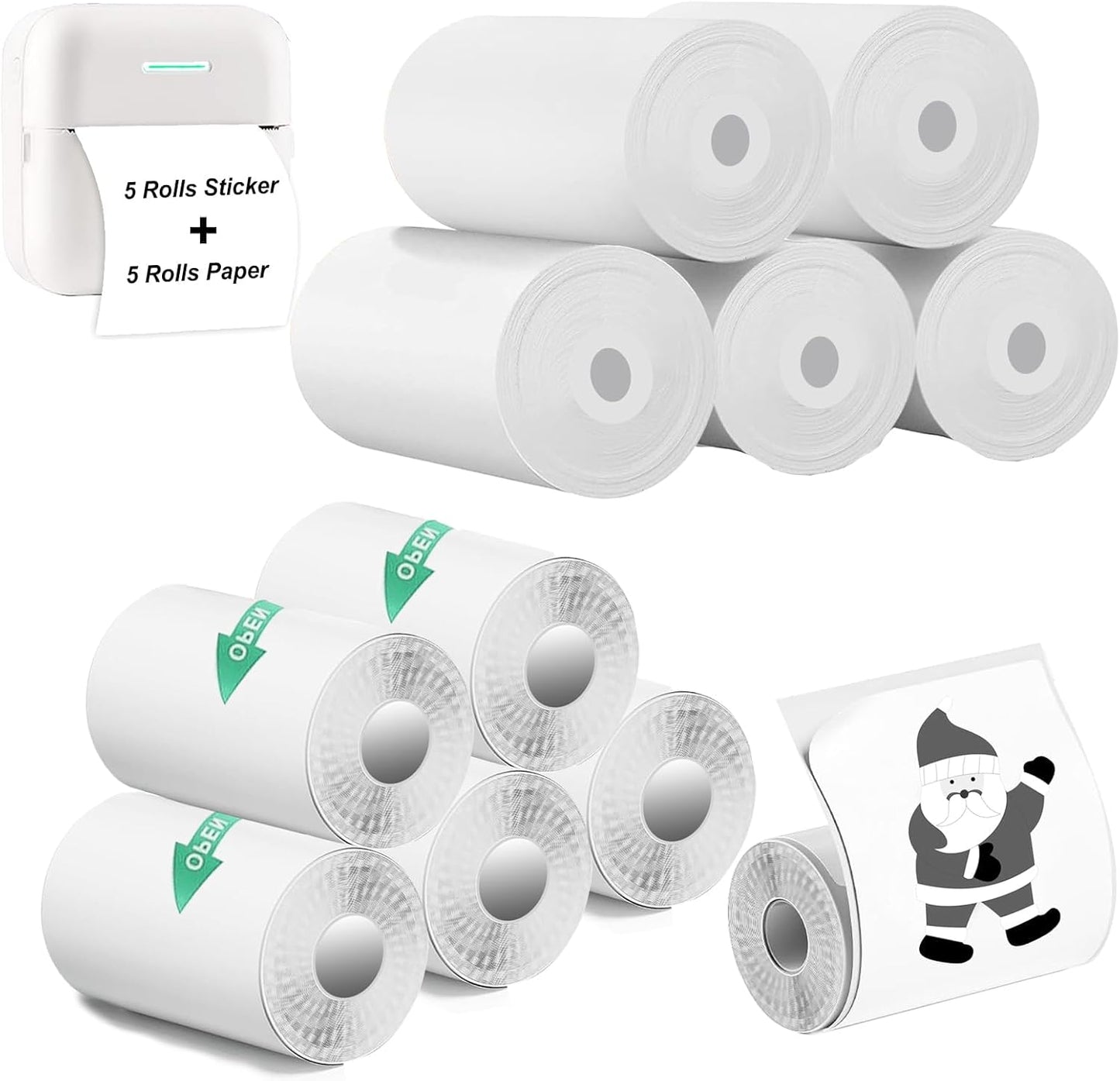 5 Roll Thermal Paper & 5 Roll Sticker Paper for Mini Printer, BPA/BPS Free | White Thermal Paper & Self-adhesive Stickers for Mini Pocket Printers, 57x25mm Thermal Paper for Notes, Lists & DIY Scrapbook