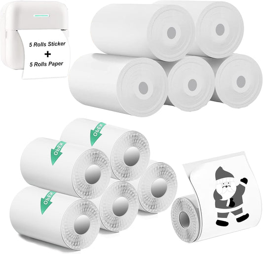 5 Roll Thermal Paper & 5 Roll Sticker Paper for Mini Printer, BPA/BPS Free | White Thermal Paper & Self-adhesive Stickers for Mini Pocket Printers, 57x25mm Thermal Paper for Notes, Lists & DIY Scrapbook