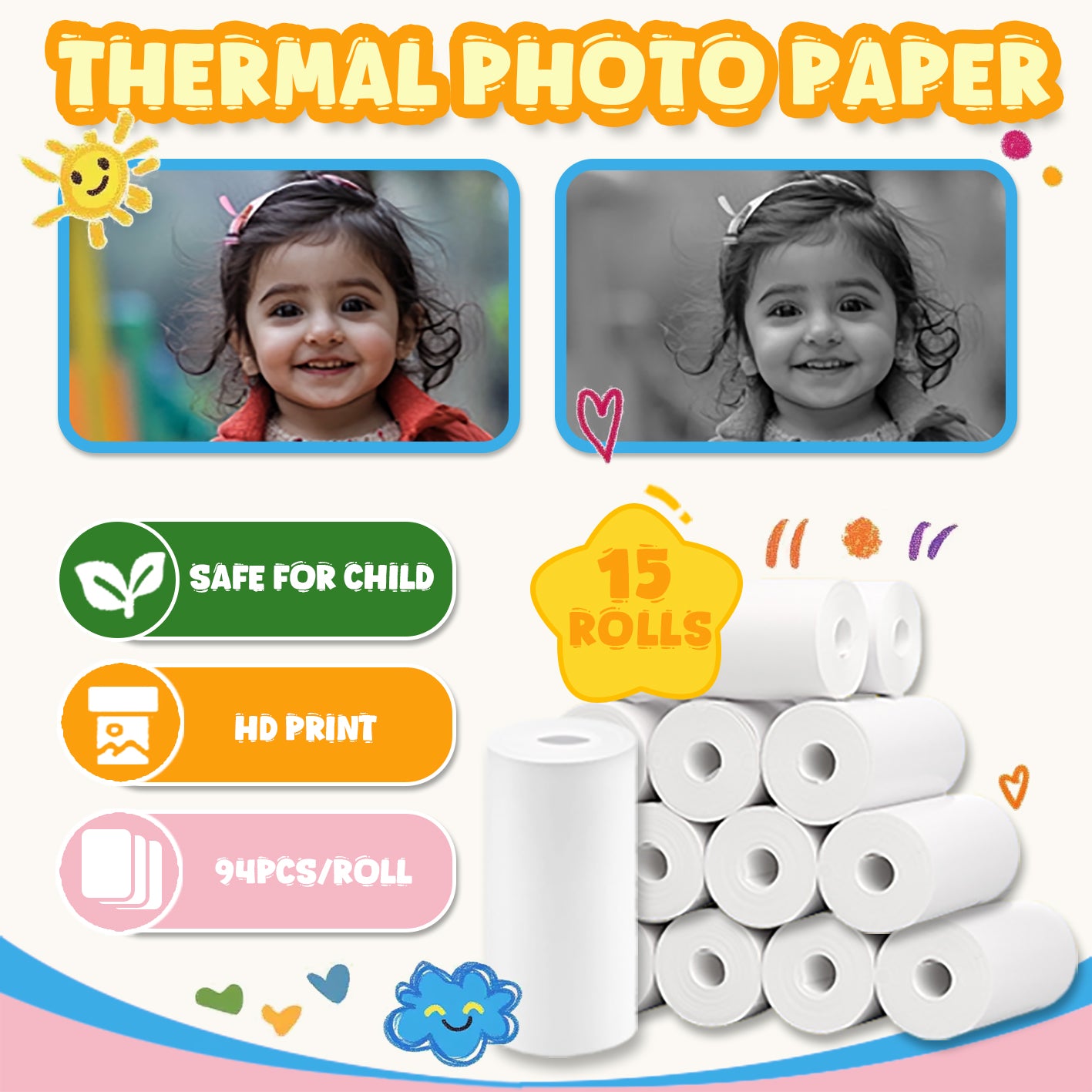 1410Pcs Kids Camera Paper Roll Refill for Toddler Camera, BPA & BPS Free | 15 Rolls Thermal Photo Paper for Most Kids Instant Print Cameras, 57x25mm Kids Camera Paper for Photos, Journals & DIY Crafts