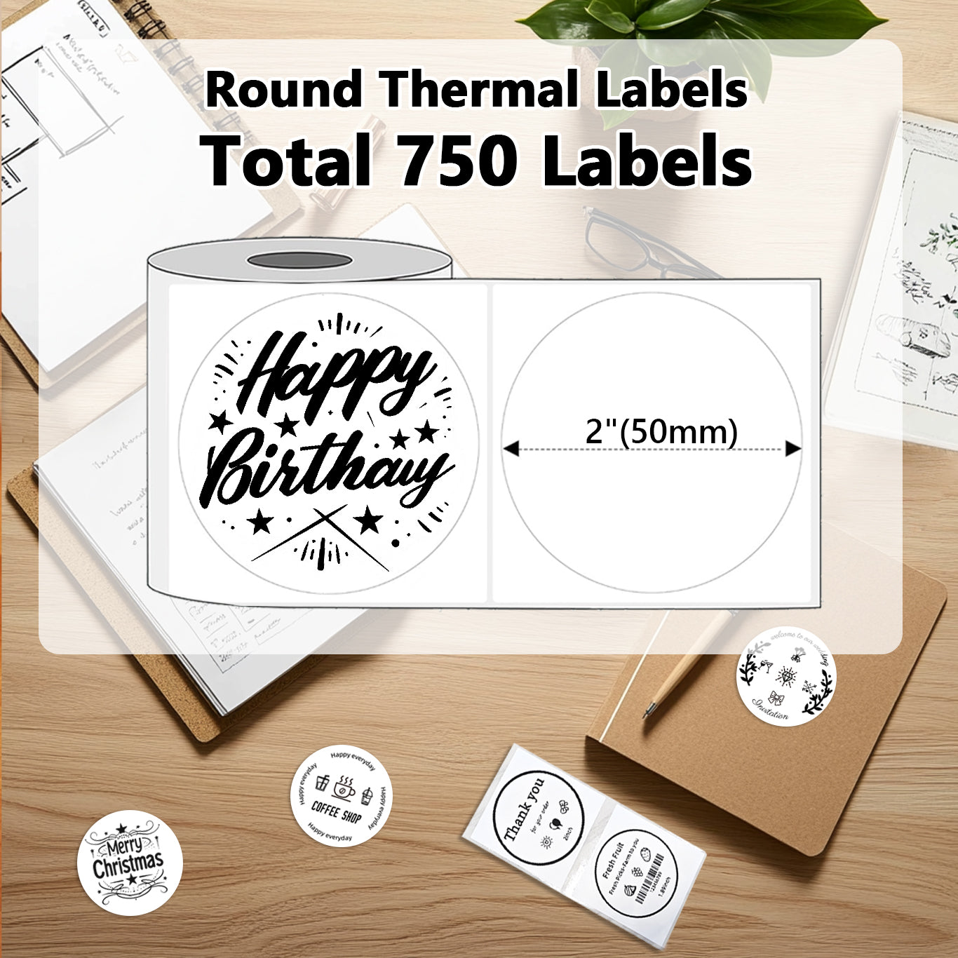 750PCS 2 Inch Circle Thermal Sticker Paper for Label Printer, White | Round Self-Adhesive Thermal Printer Stickers for Business, DIY, Compatible with PL70E-BT/ PL80E/ Y812BT/ X1038, 750Pcs/Roll